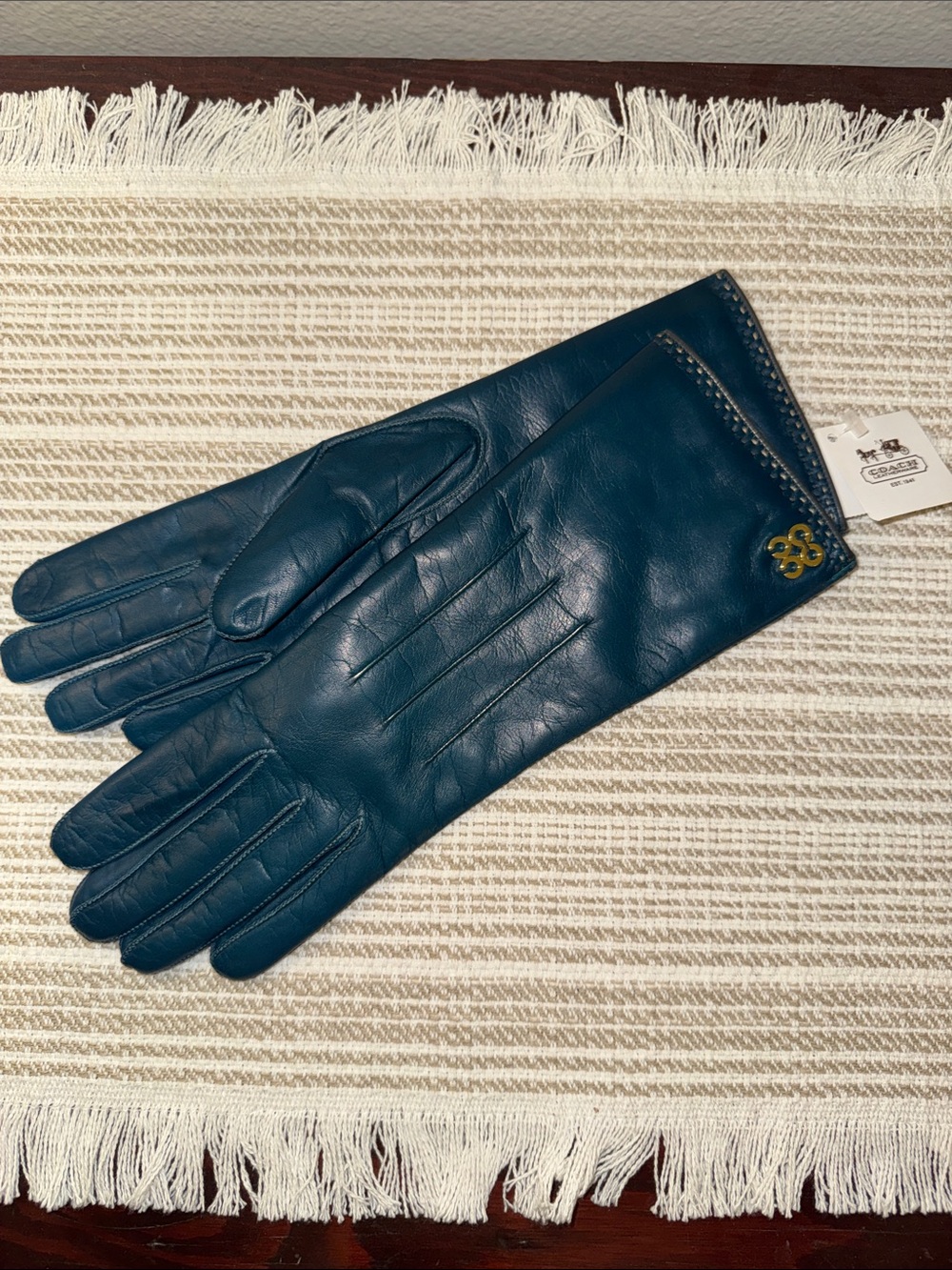 Coach Petrol Leather Cashmere Lined Gloves NWT